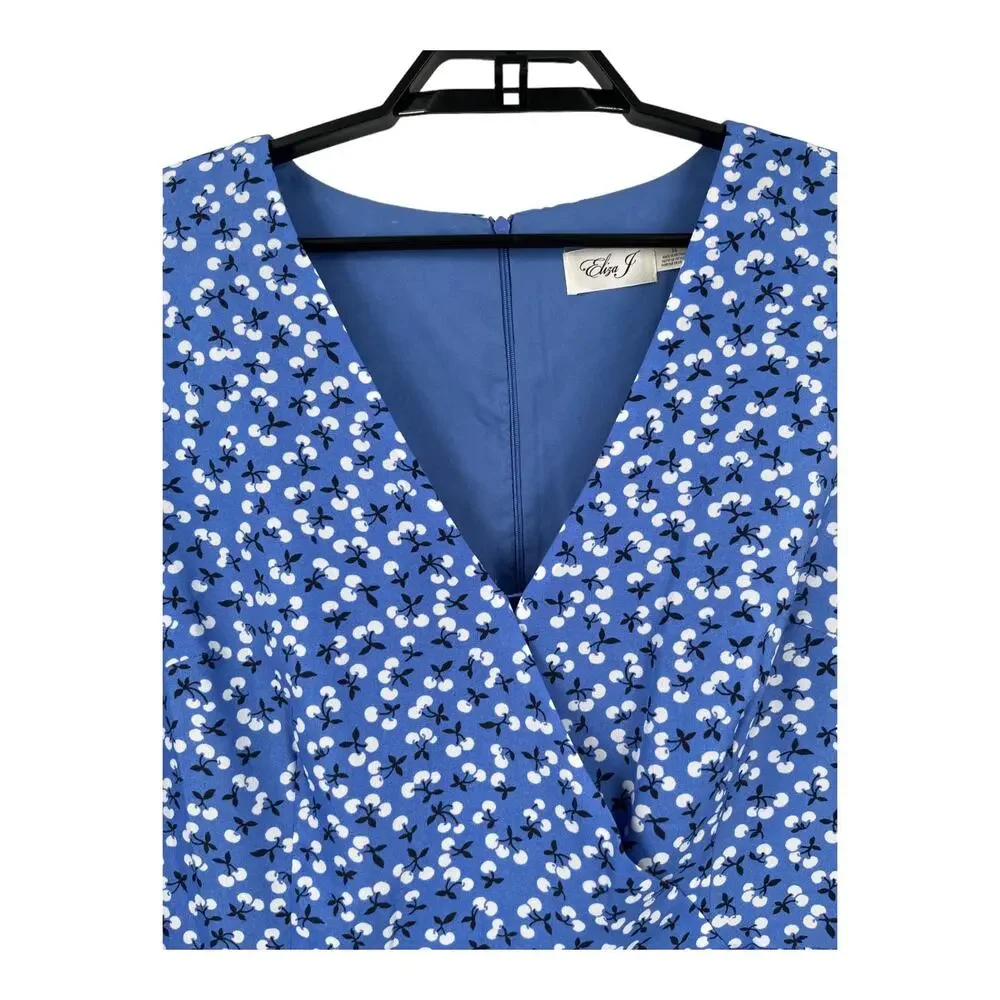 Eliza J Dress Floral Surplice neck long sleeve fit flare blue size 14 - Picture 7 of 11